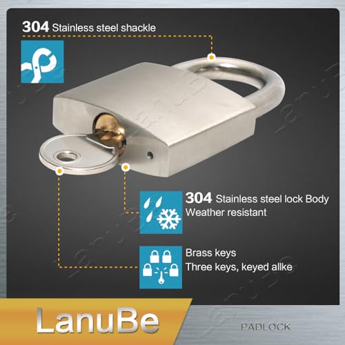 Image of LanuBe 304 Stainless Steel Keyed Alike Padlocks for Outdoor use, Pin Tumbler Padlock, 2 inch Wide Body, Stainless Steel Body Normal Shackle, Pack of 2