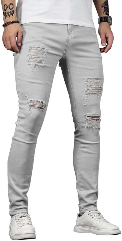 HUNGSON Men's Blue Slim Fit Jeans Stretch Destroyed Ripped Skinny Jeans Side Striped Denim Pants - Image 2