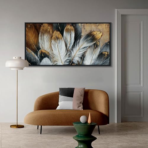 Image of Framed Feather Canvas Wall Art Modern Living Room Bedroom Wall Decoration Large Canvas Painting Artwork for Home Decor White Gold Brown Feather Picture 24x48 Size