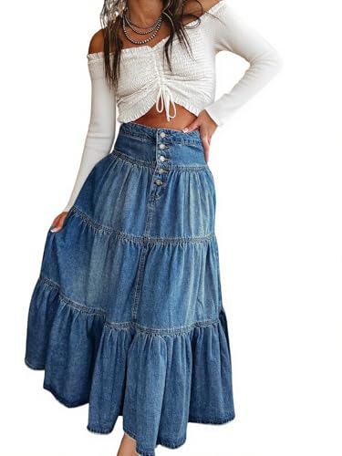utcoco Women's High Waist Long Denim Skirt Button-Fly Tiered Ruffle Swing A-Line Jean Maxi Skirt with Pockets (Medium, Dark Blue)