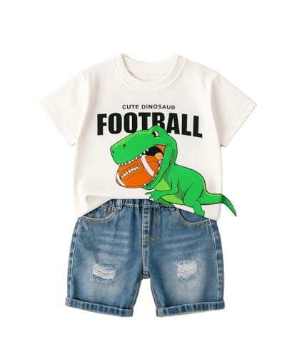 Image of Bold N Elegant Kids Dinosaur Football Cotton Half Sleeve T-Shirt with Denim Shorts Set for Infant Toddler Baby Boys Girls