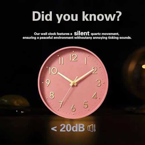 Image of Mosewa Wall Clock 10 Inch, Battery Operated Silent Non-Ticking Modern Analog Clock Decorative for Kitchen, Bedroom, Office, Living Room(Pink Gold)
