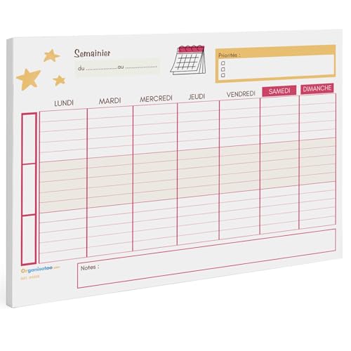 Bloc programme semaine 7 jours - planner pour travail, étude ou organisation familiale. Semainier A4 en français - Organisateur tableau coloré. 3 Sections...
