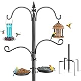 Bird Feeding Station, 88In Bird Feeder Stand Pole 4 Hook Heavy Duty Hummingbird Feeder Hanger Shepherds Hook for Outdoor, with Birds Bath and Mesh Tray, Black 1 Pack
