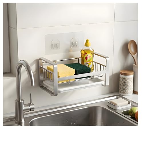 Image of Stainless Steel Kitchen Sink Organizer Sink Caddy Organizer with Removable Drainer Tray Rustproof Countertop or Wall Mounted Sink Rack for Sponge Scrubber & Brush - Silver