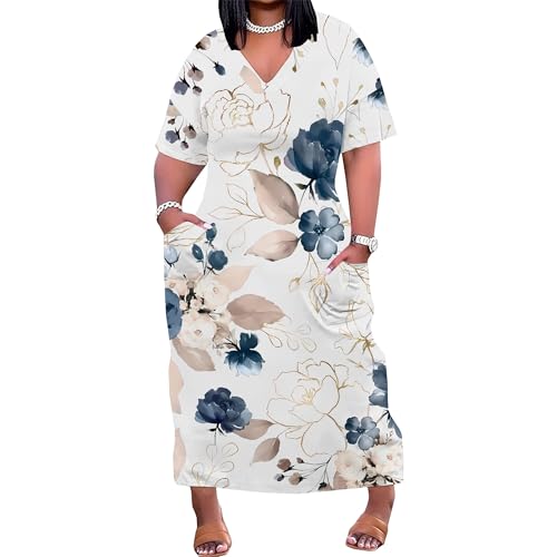 Image of Plus Size Maxi Dress for Women Short Sleeve V Neck Casual Loose Sundress with Pockets