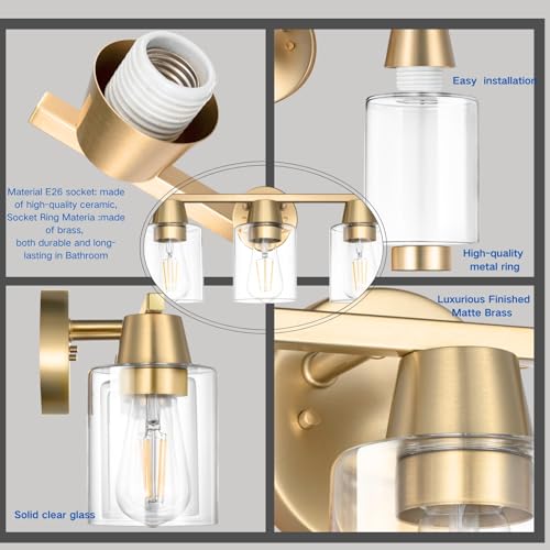 Image of Modern Wall Sconces Lighting with Brass Finished Clear Glass Shade, Matte Gold 3 Vanity Light Over Mirror, Industrial Bathroom Light Fixtures for Living Room Hallway Kitchen Porch E26 Base