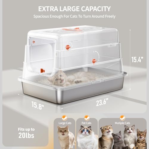 Image of Stainless Steel Cat Litter Box with Lid, Enclosed Extra Large Metal Litter Pan for Big Cats, Full Flip Cover High Sided LitterBox Include Scoop, Easy Cleaning, Non-Stick, White