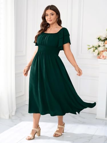 Image of Plus Size Maxi Dress Off The Shoulder Ruffle Smocked Wedding Guest Cocktail Slit Hem Flowy Dresses for Curvy Women