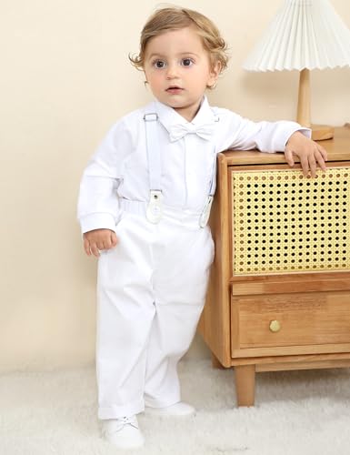 Image of A&J DESIGN Baby Boys Suits Infant Gentleman Formal Wedding Suspenders Outfit with Bowtie