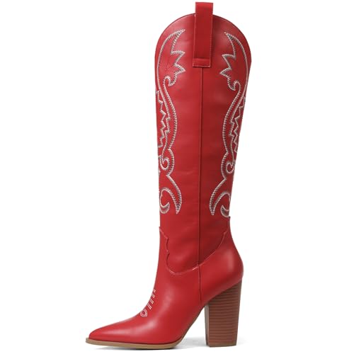 Image of VOMIRA Knee High Cowboy Boots for Women Pointed Toe Chunky High Heels Pull-on Embroidered Boots Western Boots Wide Calf Cowgirl Boots
