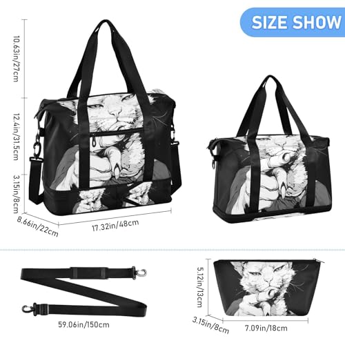 Cartoon Cute White Funny Cat Overnight Travel Duffel Bag Carry On Personal Item Bag with Adjustable Strap for Trip Multifunctional3