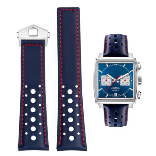 FOUUA Correa de Reloj para TAG Heuer 22mm Leather Correa de Reloj de Cuero Genuino con Correa Negra azul Para la Reemplazar la correa Serie TAG Heuer Monaco Carrera Aquarace