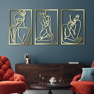CHENGU 3 Pieces Gold Wall Decor Minimalist Wall Art Metal Line Wall Art Wall Decor for Bedroom Single Line Female for Kitchen Bathroom Living Room(Bright Style)
