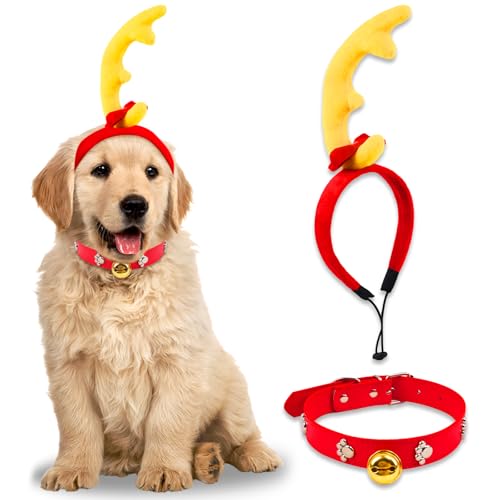 Dog Antler Headband Christmas Dogs Costume with Bell Choker for Medium Large Dogs Dog Ears Ajustable Elastic Band Dogs Costume for Christmas Party Decor (Yellow)