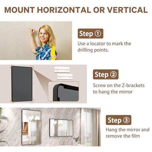 New Upgrade Bathroom Mirror, 50X30 Inch Black Metal Frame Wall Mounted Rounded Rectangle Bathroom Vanity Mirror with Tempered Glass for Washroom Bedroom Living Room