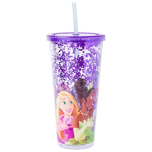 Image of Silver Buffalo Disney Princesses, Plastic Cold Cup, 32oz | Ariel, Cinderella, Tiana, Rapunzel and Jasmine, Confetti, Lid and Straw, 0.95 Liters
