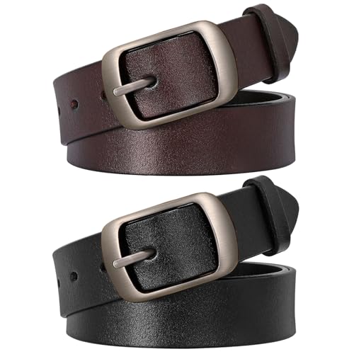 SUOSDEY 2 Pack Womens Genuine Leather Belts, Waist Belt with Pin Buckle for Jeans Pants,black and coffee,width 1.3'',Medium: fits waist from 31''-37''