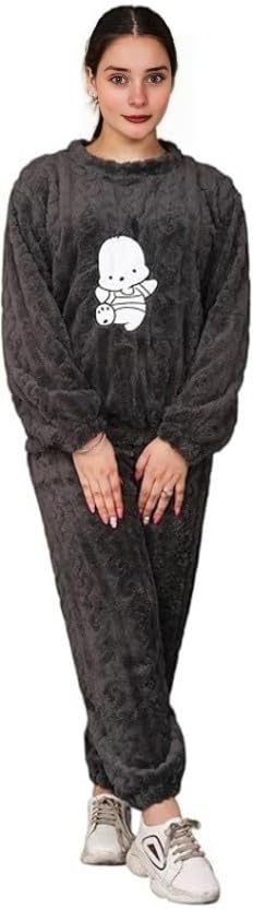 Image of Women's Fur Long Sleeve Nightsuit | Regular Fit Warm Top and Pyjama Set | Winter Wear Sweatpant Set for Women