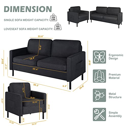 Image of STHOUYN Modern 2-Piece Living Room Set, 56 inch Grey Sofa Loveseat with USB Ports, Small Couch and Chair Set for Small Space, Apartment, Office (Grey, 1 Chair + 1 Loveseat)