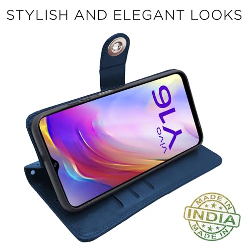 Image of Pikkme Vivo Y16 Flip Cover Leather Finish | Inside TPU with Card Pockets | Wallet Stand and Shock Proof | Complete Protection Button Flip Case (Blue)