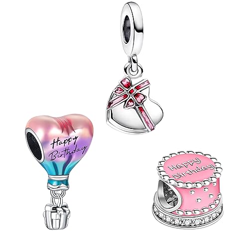 925 Sterling Silver Charm Set Birthday cake, Animals, Travel, Flowers, Rose gold Pendant Beads Fit Women Bracelets Necklace Gift 3-Piece/Package