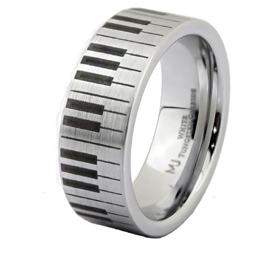 MJ Metals Jewelry White Custom Engraved Tungsten Carbide Piano Keyboard Design 6mm or 8mm Brushed with Polished Beveled Edges or Brushed Pipe Wedding COMFORT FIT Band