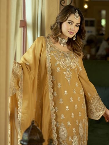 Image of INDO ERA Women's Organza Embroidered Sequinned Kurta & Pant with Dupatta Set | Women Kurta Sets With Dupatta Cotton