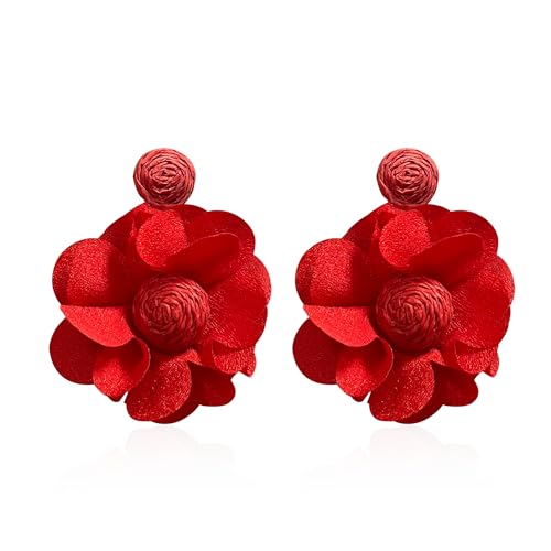 Rattan Earrings Summer Boho Handwoven Big Fabric Chiffon Rattan Flower Drop Earrings Statement Tropical Beach Vacation Jewelry