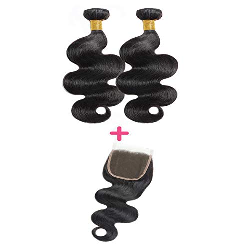 DMS Body Wave 2 Bundles With 4x4 Free Part Closure Brazilian Virgin Hair 100% Unprocessed Human Hair Bundles Lace Closure Natural Black(10” 12”+8” Closure)