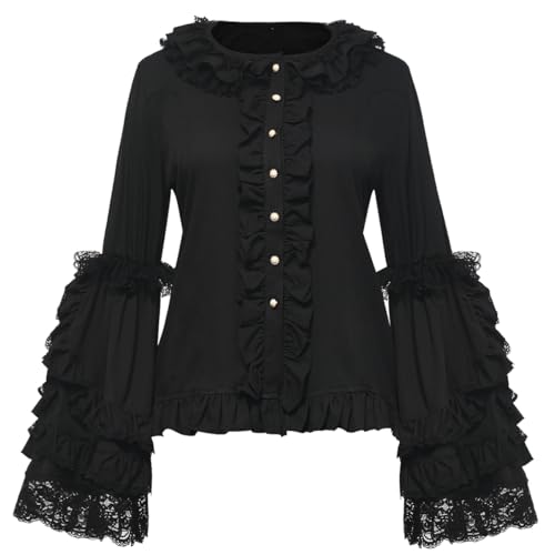 Blusa victoriana de encaje eduardiano con mangas acampanadas para mujer, estilo gótico, Lolita, con botones, manga larga, pirata, renacentista, con volantes, Negro, XL