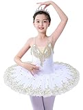 ZX Girl's Camisole Skirted Leotard Ballet Sparkle Lace Swan Lake Tutu Ballerina Costumes Competition Dress, 001 White, 8-9 Years