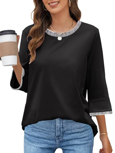 MEROKEETY Women's 3/4 Length Sleeve Tops Dressy Casual Crew Neck Loose Trendy Spring Blouses T Shirts