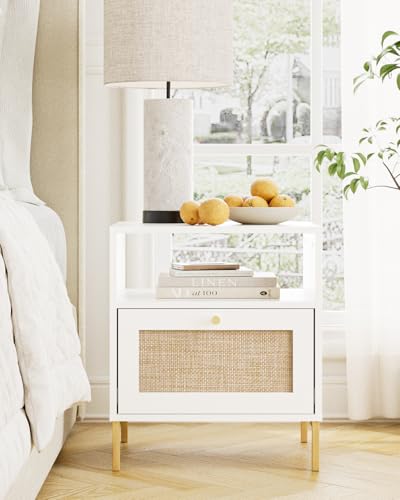 Image of Extra Large Nightstand Rattan Night Stand, Modern Side Table Boho Farmhouse Wood Bedside Table with Storage Drawer and Open Shelf,Large End Table for Bedroom,Living Room,Office(White)