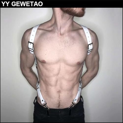 Men's White Leather Chest Half Body Harness Belt Adjustable Buckle Straps Clubwear Costume3