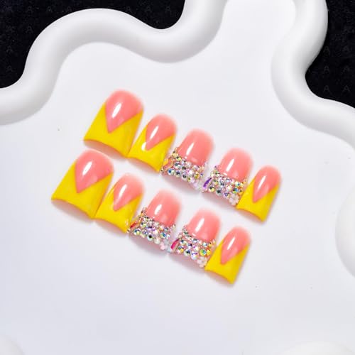 IntoVibes Handmade Short Duck Press On Nails, Yellow French Tip with Rhinestones And Y2K, 10 Pieces Reusable Acrylic False Nails, Size Medium