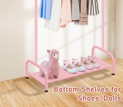SLEEPING LAMB Kids Clothing Rack, Small Baby Clothes Rack with Bottom Storage Shelf, Kids Dress Up Rack Storage for Coats, Dance Costume Garment Rack for Hanging Clothes, Pink