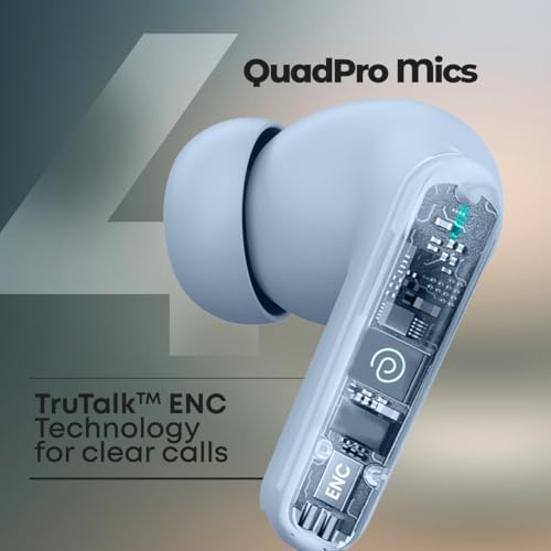 Image of pTron Bassbuds Bliss TWS Ear Buds w / 4 QuadPro Mics, 3D Audioscape, AI-ENC Calls, 40H Playtime, 50Ms Low-Latency Game /Music Modes, BTv5.3, Type C Fast Charging & IPX5 Water Resistant (Sky)