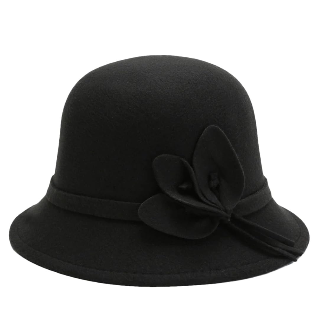 Yeuyyben Cappello da donna in lana per autunno e inverno, cappello a cupola, vintage, elegante, con fiore, cappello da sole, cappello casual da bacino a bombetta
