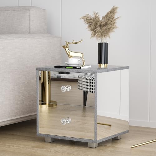 Ufurniture Mirror Bedside Table 2 Drawers Side Table Mirrored Nightstand for Bedroom Living Room