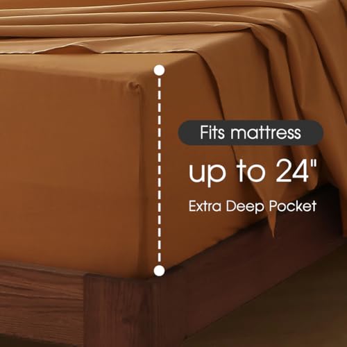 HYPREST 100% Cotton Sheets for Queen Size Bed Deep Pockets Fit 18"- 24" in Deep Mattress, Burnt Orange Hotel Luxury Soft Wrinkle Free Cooling Sheets for Queen Size Bed