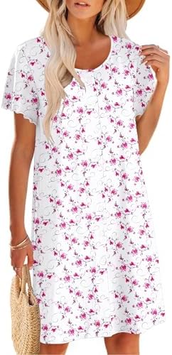 Ekouaer Womens' Cotton Nightgown Ladies Short Sleeve Sleepshirt V Neck Button Down Night Gowns Casual House Dress