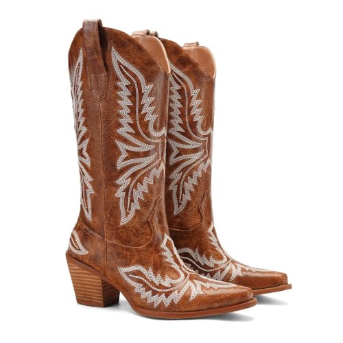 Image of Cowboy Boots for Women - Embroidered Western Cowgirl Boots with Fashion Snip Toe, 1.75-Inch Low Block Heel and All-Day Comfort Fit