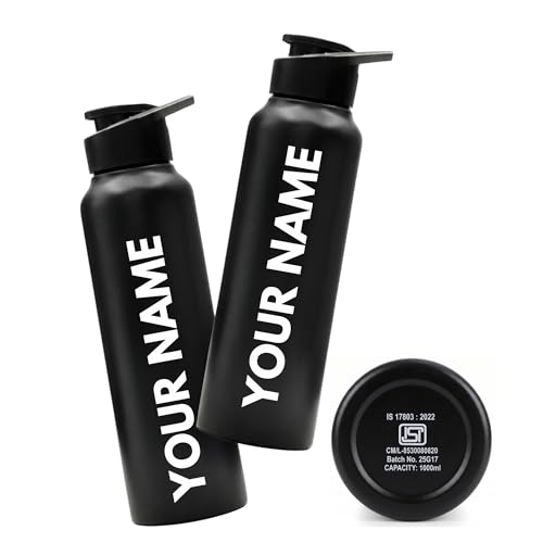 Image of Caspian Hike Customised Stainless Steel Water Bottle 1L, Combo Black with Logo Print - Personalised Water Bottle with Your Name Print for School Office Gym- Perfect for Corporate Gifting (Set of 2)