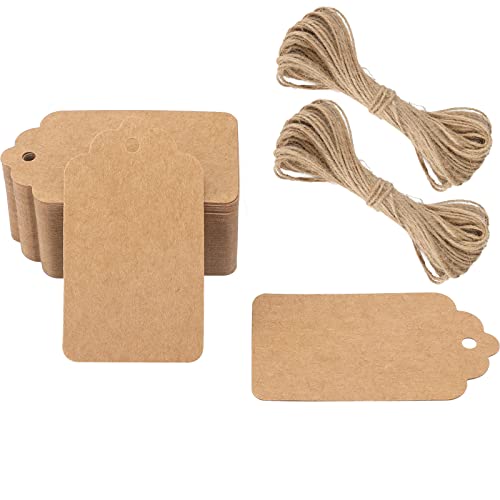 G2PLUS Lot de 100 Étiquettes Cadeaux en Papier Kraft 7 × 4 cm avec Cœur Découpé + 20 m de Ficelle en Jute – Étiquettes Suspendues pour Cadeaux, Mariage, Noël,...