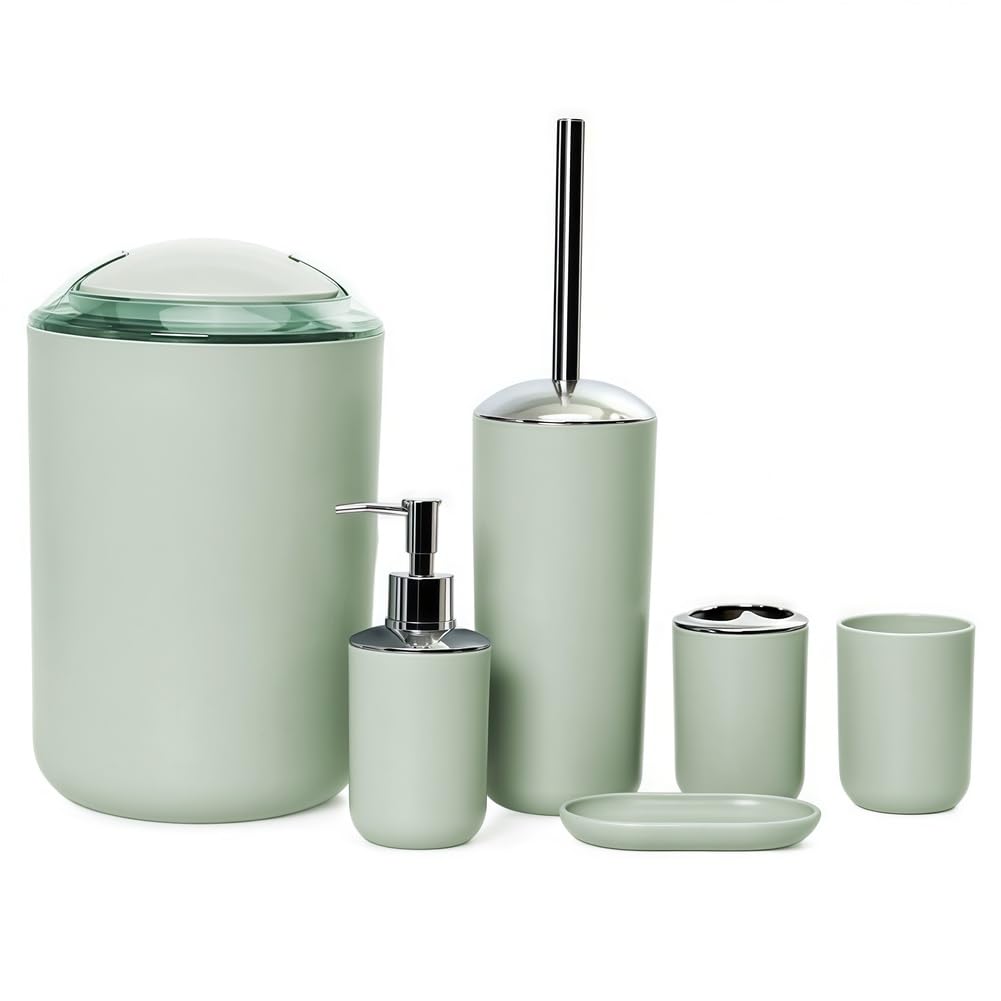 Set Completo di Accessori per il Bagno, Moderno ed Elegante - 6 pezzi, Con Dispenser Sapone, Portaspazzolino, Portasaponetta, Portascopino, Pattumiera, Tazza per Spazzolino da Denti,Verde