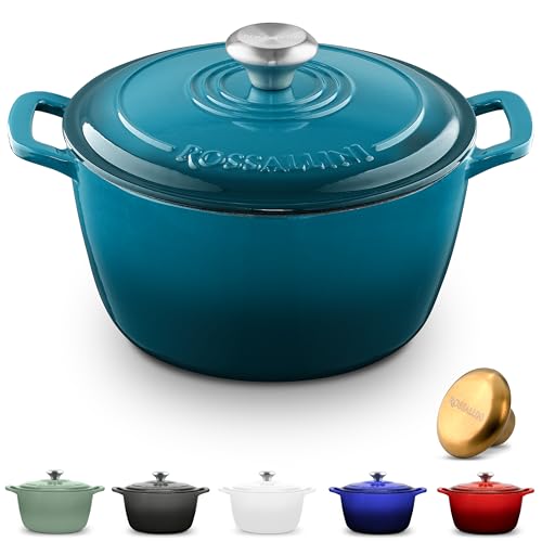 ROSSALLINI Signature Enameled Cast Iron Dutch Oven, Non-Stick Serving Pot with Tight Fitting Lid for Perfect Roasting, Baking, Sauteing, and Bread Making | 5.5Q (5.2L) - Ocean Blue