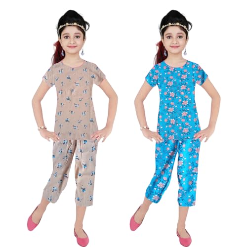 Image of Girls Pure Cotton Casual Round neck regular feet Multi Color Girls night dress Half Sleeve set of 3 pcs