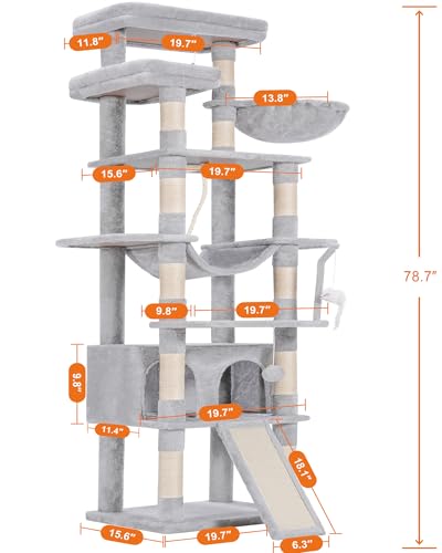 Image of Heybly Tall Cat Tree 78-inch Multi-Level Cat Tower for Indoor Cats HCT033W | Cat Condo with 2 Widened Plush Perches, Multi-Level Cat Furniture with Scratching Board, Big Caves, Light Gray