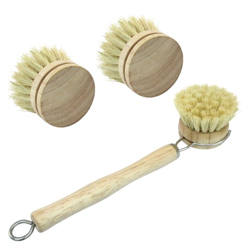 Image of 8Pcs Wooden Dish Brush Set, Sisal | 8Pcs Bamboo Scrub Brush Replacement Heads, 1 Handle, For Kitchen Pots and Pans Cleaning Supplies
